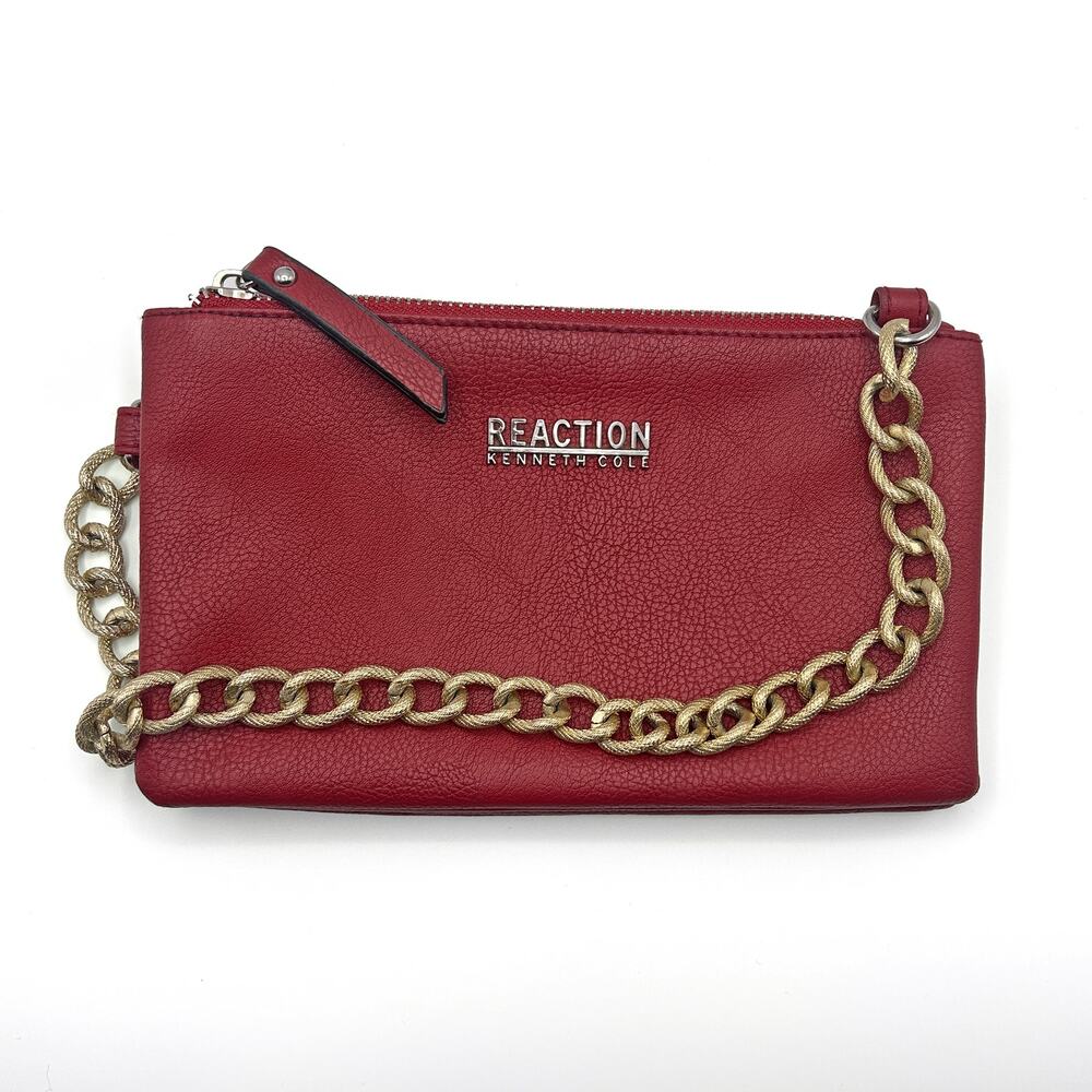KENNETH COLE REACTION Pebbled Faux Leather Gold Chainlink Shoulder Bag (Red)